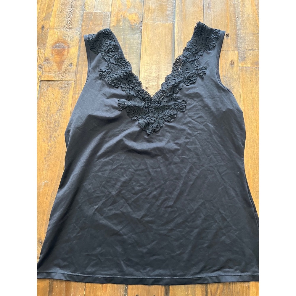 JONES NEW YORK Tank Top Lace V-Neck Women L Black Minimalist Stretch Sleeveless